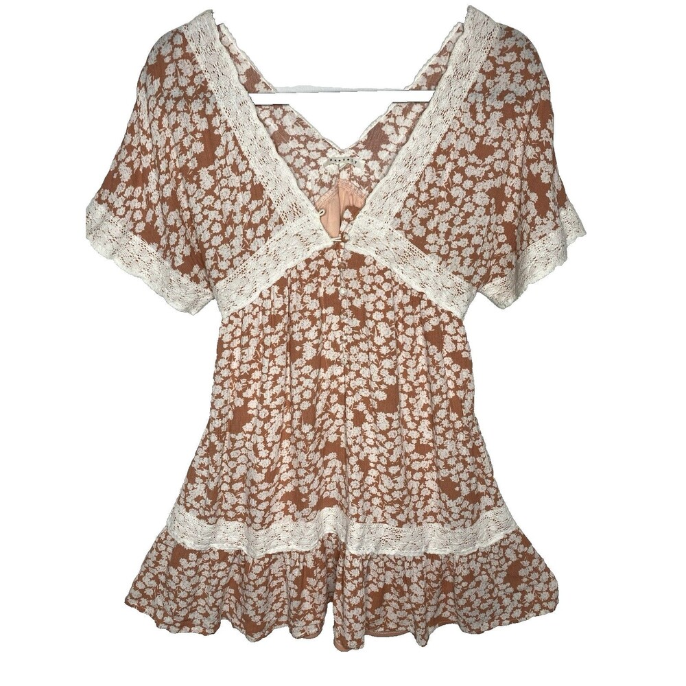 Baevely Babydoll Floral Mini Dress Plunge V-Neck Lace Lined Women S Peach Cream